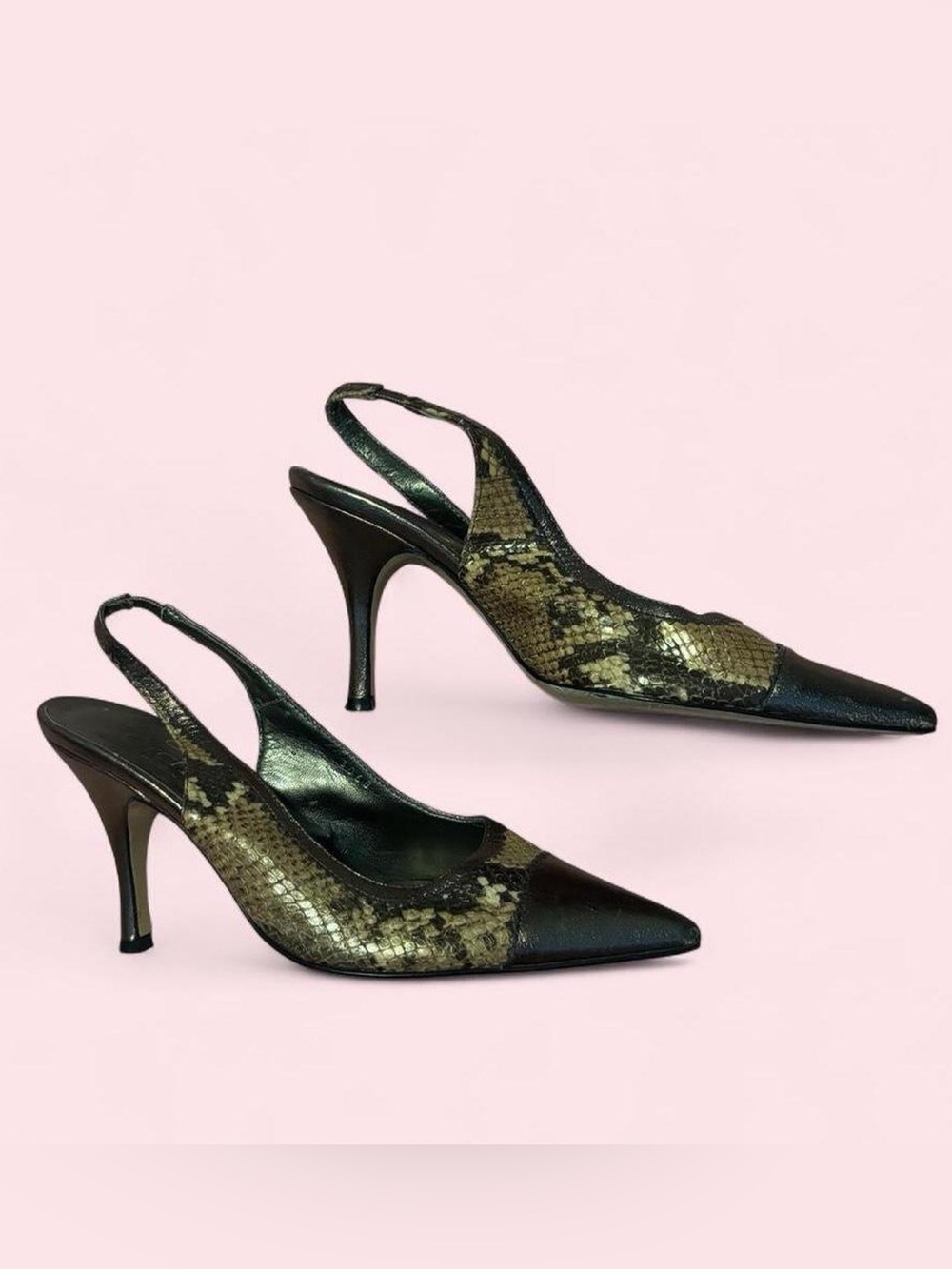 Slingback Pointed-Toe Pumps in Black and Olive Snake